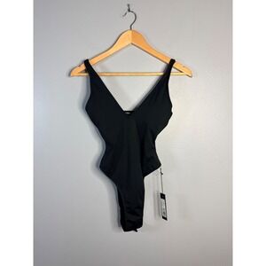 TA3 Hi Cut Plungey One Piece Swimsuit Black Sculpting Lace Up Back XS   NWT